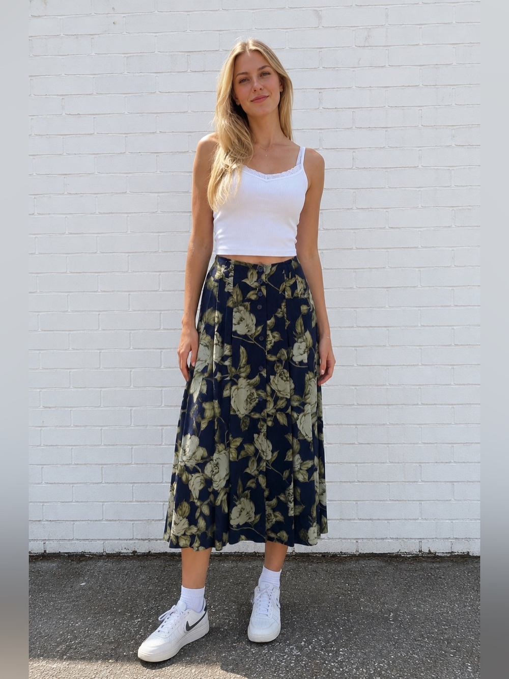 Vintage Womens Small 100% Silk Navy Floral Midi Skirt Button Front Cottagecore